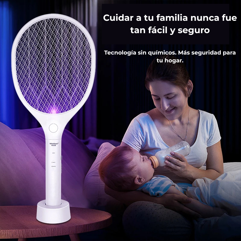 Raqueta Eléctrica Anti Mosquitos LUMION. Indicador LED, Batería recargable vía USB,4000V.