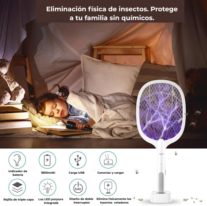 Raqueta Eléctrica Anti Mosquitos LUMION. Indicador LED, Batería recargable vía USB,4000V.