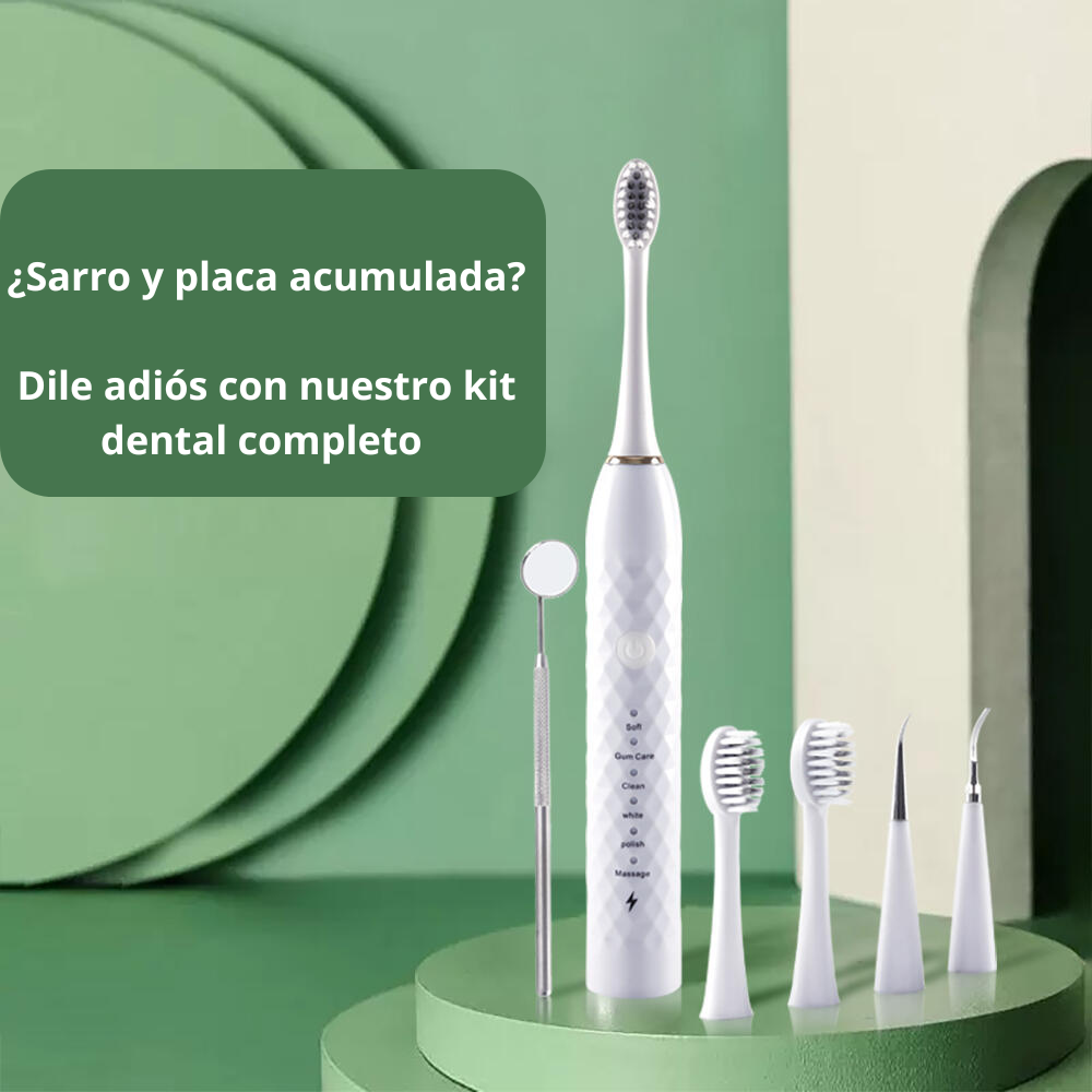 Cepillo de Dientes Eléctrico Ultrasónico – Kit Completo con 2 Cabezales, Espejo Bucal y 2 Púas Dentales – 6 Modos de Limpieza, Recargable por USB