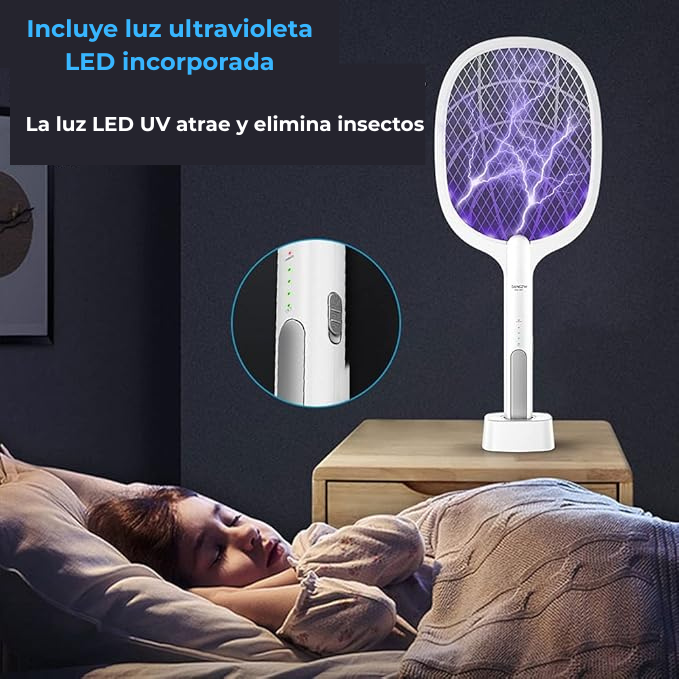 Raqueta Eléctrica Anti Mosquitos LUMION. Indicador LED, Batería recargable vía USB,4000V.