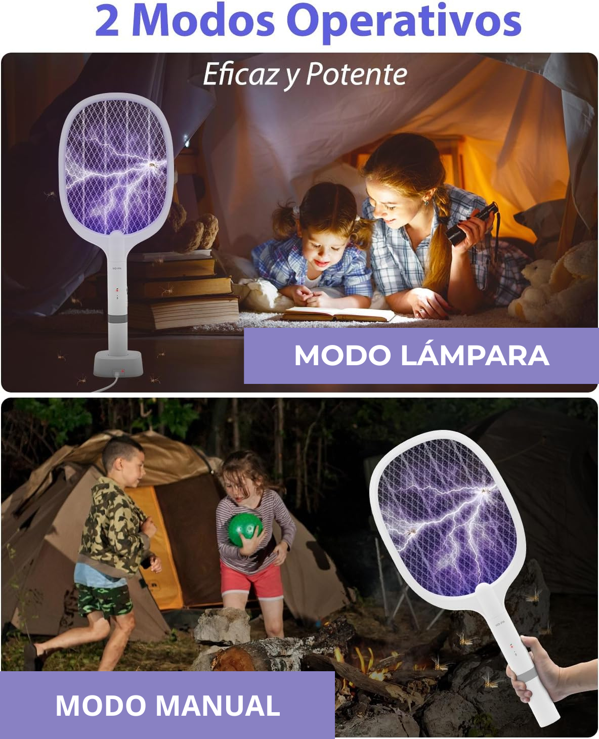 Raqueta Eléctrica Anti Mosquitos LUMION. Indicador LED, Batería recargable vía USB,4000V.