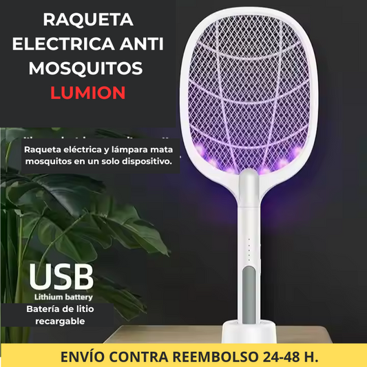 Raqueta Eléctrica Anti Mosquitos LUMION. Indicador LED, Batería recargable vía USB,4000V.