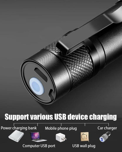 LUMI PRO MINI - Linterna LED de Bolsillo recargable de aluminio resistente, impermeable. Incluye batería de Iones de Litio, cable USB y Estuche de Almacenamiento